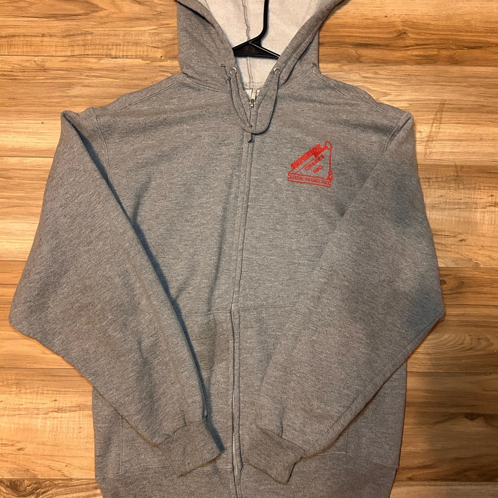 Gray Zip-Up Hoodie with Red Logo